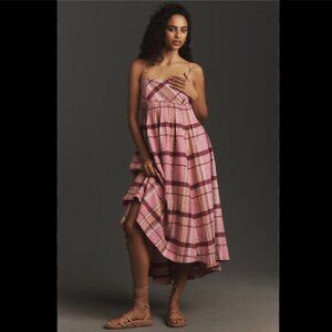 Brand New Maeve Linen Pleated-Waist Hanky-Hem Midi Dress